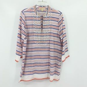Michael Michael Kors Split Neck Studded Tunic Blouse Red White Blue Top Size L